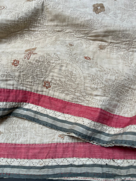 Rare Antique Hand Embroidered Kantha Quilt with Birds & Trees of Life: 19th Century, Bangladesh