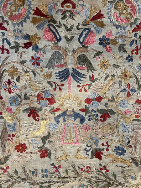 Antique Traditional Greek Island Embroidered Panel with Figures, Animals, Birds: C18th/19th Crete