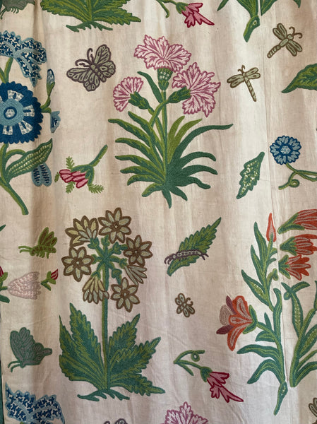 Vintage Jacobean Revival Crewelwork Embroidered Bedcover Quilt: C1970s Kashmir, India for export. 200cm x 220cm
