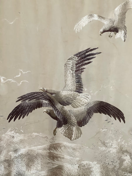 Museum Worthy Silk Embroidered Wallhanging with Waves Auspicious Sea Hawks: C19th Meiji Period, Japan.