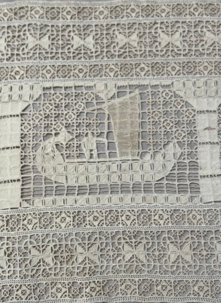 Antique Reticula Needlepoint Figurative Lace Panel Viking Ship: C1910 Europe