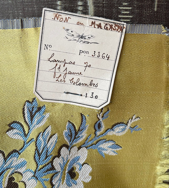 Antique Unused Silk Lampas Sample Panel with Original Label: C18th France