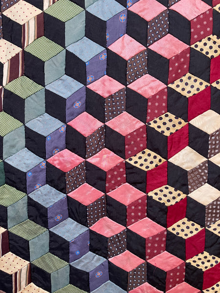 Antique Handmade Tumbling Blocks Silk Patchwork Quilt made with Cravat & Scarf Silks: C1910/20 Britain