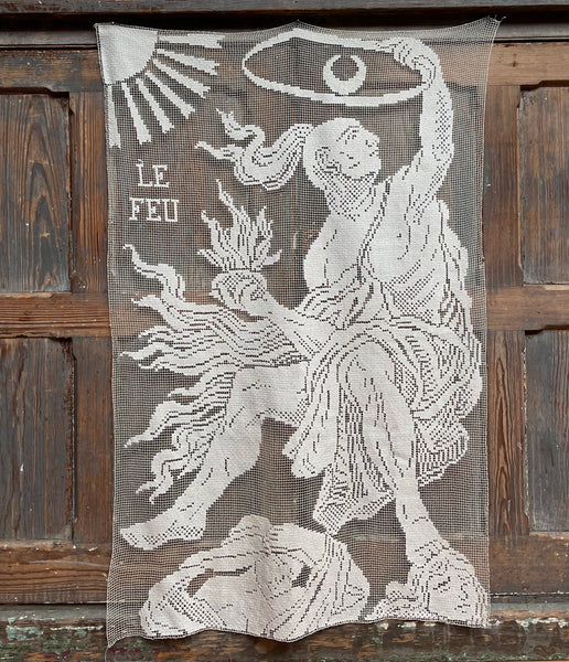Art Nouveau Hand Embroidered Filet Lace Hangings Elements L’Air Le Feu: C1912, France