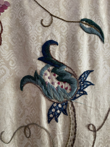 Antique Embroidered Crewelwork Tree of Life with Birds: C1910 A.H. Lee, Birkenhead, Britain. 337cm x 126cm