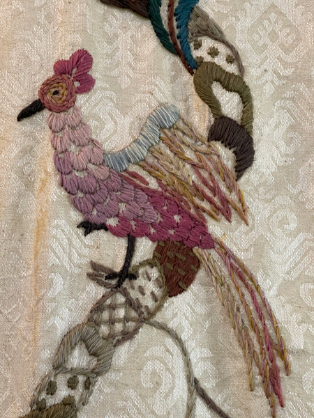 Antique Embroidered Crewelwork Tree of Life with Birds: C1910 A.H. Lee, Birkenhead, Britain. 337cm x 126cm