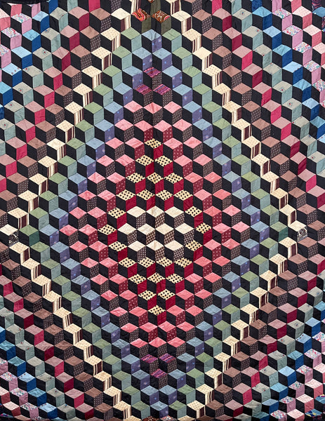 Antique Handmade Tumbling Blocks Silk Patchwork Quilt made with Cravat & Scarf Silks: C1910/20 Britain