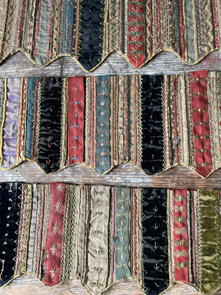 Handmade Victorian Silk Velvet Embroidered Shelf Pelmets x 3: C19th Britain