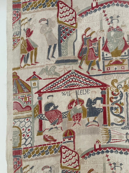 Antique Printed Linen Wallhanging Inspired by Bayeux Tapestry: C1920s Britain