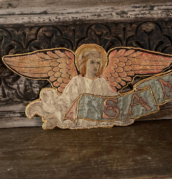 Pair of Fine Silk Embroidered Arts and Crafts ‘Sanctus’ Angel Appliqués :C1890 English