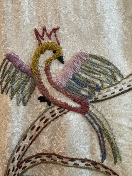 Antique Embroidered Crewelwork Tree of Life with Birds: C1910 A.H. Lee, Birkenhead, Britain. 337cm x 126cm