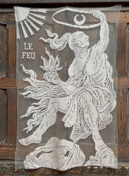 Art Nouveau Hand Embroidered Filet Lace Hangings Elements L’Air Le Feu: C1912, France