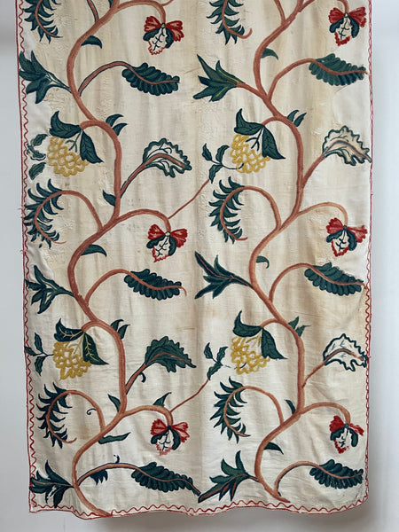 Original Antique Crewelwork Embroidered Bed Hanging: C18th Britain