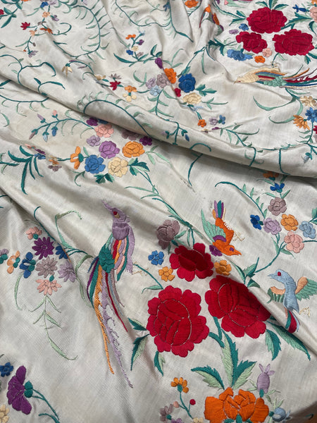 Antique Silk Embroidered Piano Shawl with Birds and Florals: C1920 Canton, China