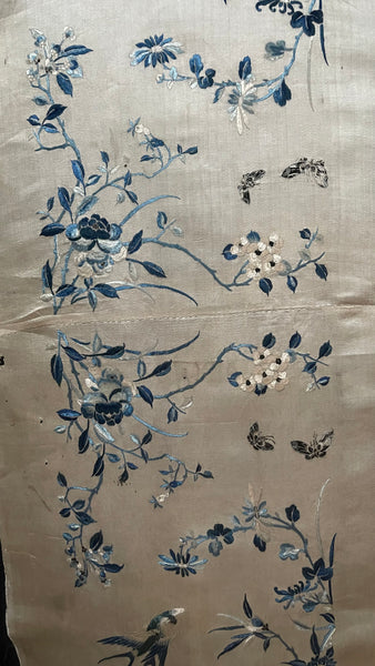 Fine Chinese Silk Embroidered Panel with Birds, Butterflies and Florals: C19th China