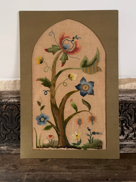 Arts and Crafts Tree of Life Embroidery Jacobean Revival Antique Crewelwork: C1920 Britain