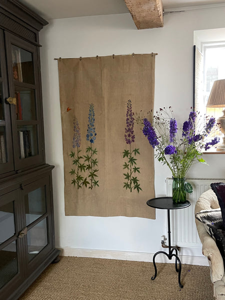 Hand Embroidered Linen Wallhanging with Delphiniums: C1930s Britain