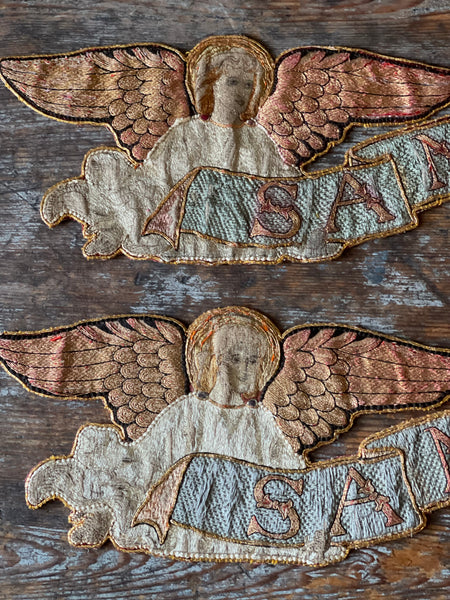 Pair of Fine Silk Embroidered Arts and Crafts ‘Sanctus’ Angel Appliqués :C1890 English