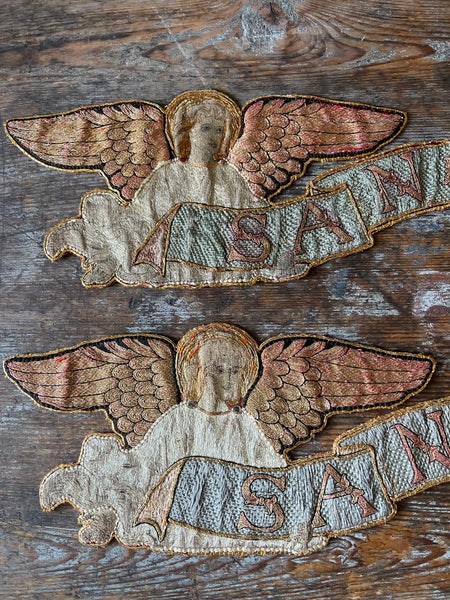 Pair of Fine Silk Embroidered Arts and Crafts ‘Sanctus’ Angel Appliqués :C1890 English