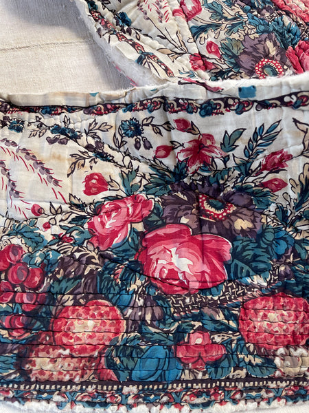 Antique Quilted Block Print & Hand Painted Floral Mezzaro Border: C19th Europe