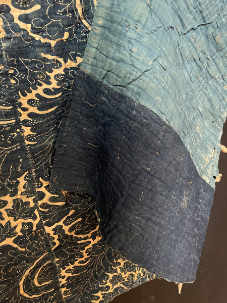 Antique Block Print Resist Dyed Quilted Toile de Rouen French Indigo: C 18th France