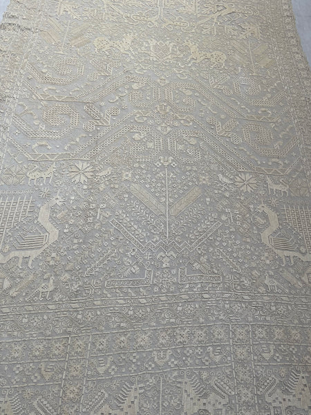 Antique Early Figurative Filet Lace Curtain Mythological Beasts Birds Tree of Life Hand Embroidered: C18th Italy