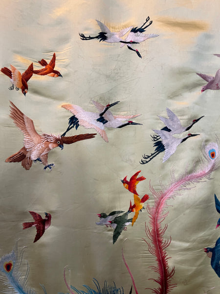 Antique Silk Embroidered Wallhanging with Exotic Birds: C20th China for export
