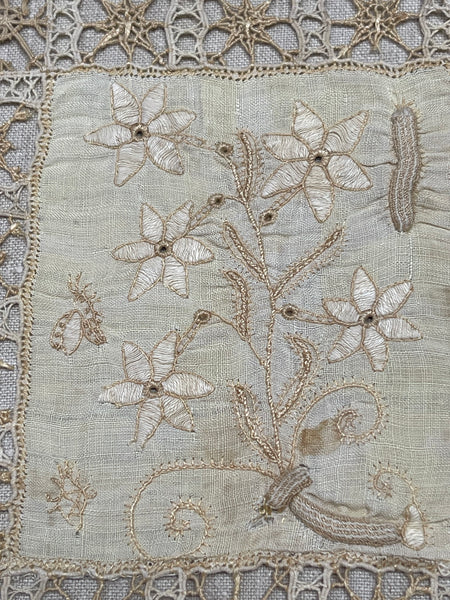 Antique Renaissance Embroidered Early Needlework Lace with Snails Insects Birds: Late C16th early 17th century, Italy