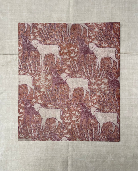 Antique Arts and Crafts Block Printed Lamé with Lambs: C1910/20 Britain. 57 x 49cm