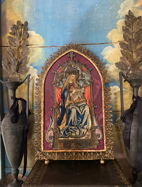 Antique Orphery Embroidery with Mary Queen of Heaven in Gothic Frame: Late C18th / 19th Century England