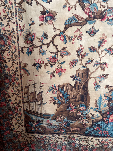 Antique Block Printed Mezzaro Wall Hanging with Tree of Life Ship Figures Giraffe: C1830 Genoa, Italy