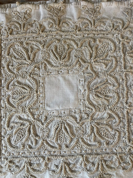 Antique Heirloom Whitework Embroidery Linen Cushion Cover: C19th Italy