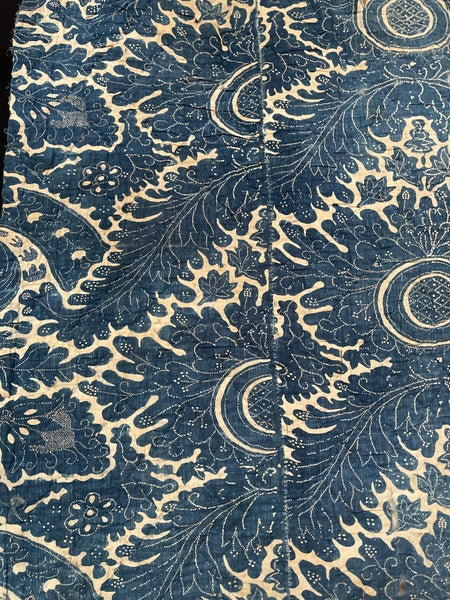 Antique Block Print Resist Dyed Quilted Toile de Rouen French Indigo: C 18th France