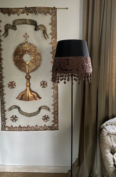 Bespoke Lampshade with Art Deco Cutwork Embroidered Border with Pom Pom Trim: C1920s France