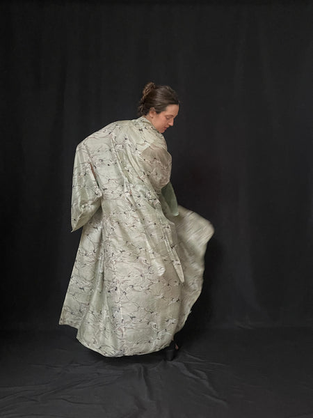 Traditional Eau De Nil Silk Kimono with Crane Print: C1920 Japan