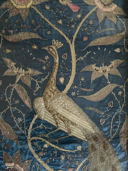 Antique Zardozi Embroidery Peacock & Tree of Life in Original Frame: C1900 India for export