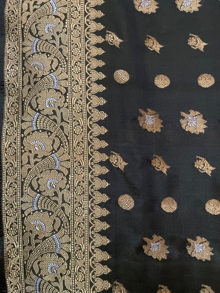 Antique Olive Green & Gold Traditional Silk Brocade Sari: C20th India