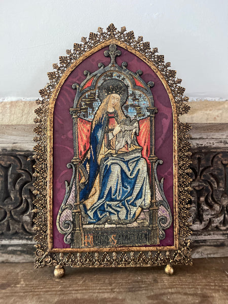 Antique Orphery Embroidery with Mary Queen of Heaven in Gothic Frame: Late C18th / 19th Century England