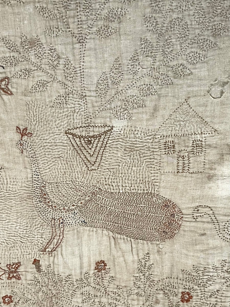 Rare Antique Hand Embroidered Kantha Quilt with Birds & Trees of Life: 19th Century, Bangladesh