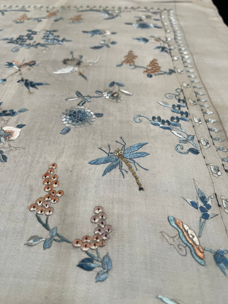 Fine Silk Embroidered Panel with Insects Birds & Flowers: C19th China