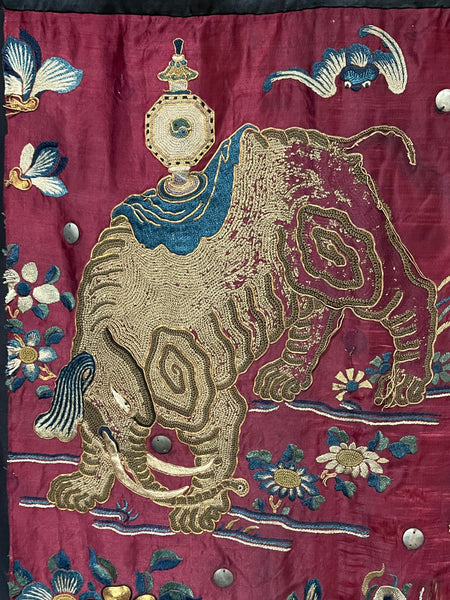 Antique Gilt Thread and Silk Embroidery with Elephants: C19th China