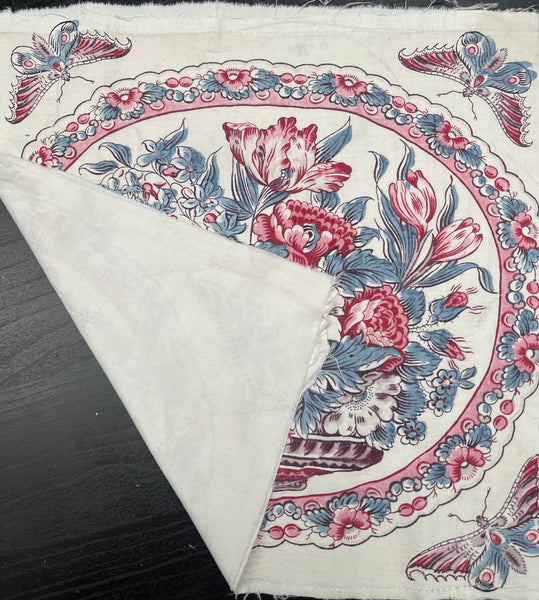 Antique Chintz Panel with Bowl Flowers & Butterflies: C19th France