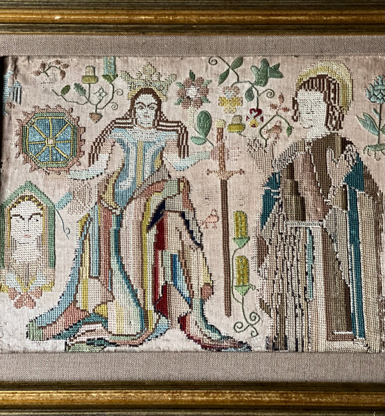 Rare Elizabethan Silk Embroidery with Saints, Insects, Pea-pods: C16th English