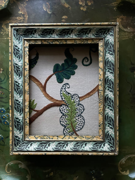 Antique Crewelwork Embroidery in French Hand Painted Wallpaper Covered Frame: C18th England