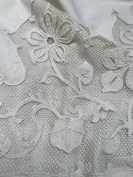 A Pair of Art Nouveau Cutwork and Embroidered Chateau Window Curtain Panels: C1900 France