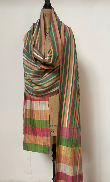 Antique Handwoven Silk Shawl Collectable Wrap Striped Silk Stole Dupatta: C20th Northern India