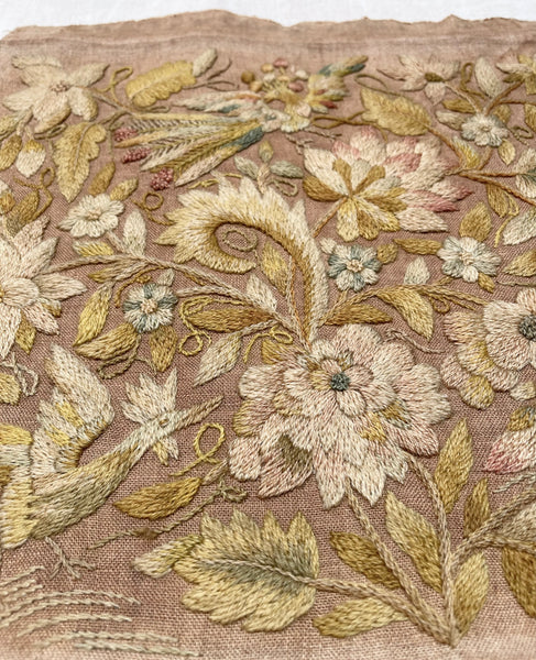 Antique Georgian Crewelwork Embroidery with Birds and Florals: C1700s England