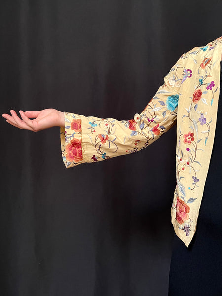 Antique Silk Embroidered Pale Yellow Floral Jacket : C1930 Canton China for export to Europe