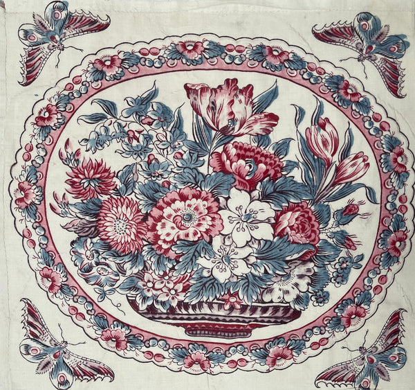 Antique Chintz Panel with Bowl Flowers & Butterflies: C19th France