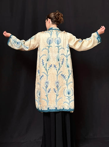 Art Deco Silk Embroidered Coat with Peacock Feathers: C1910 Britain